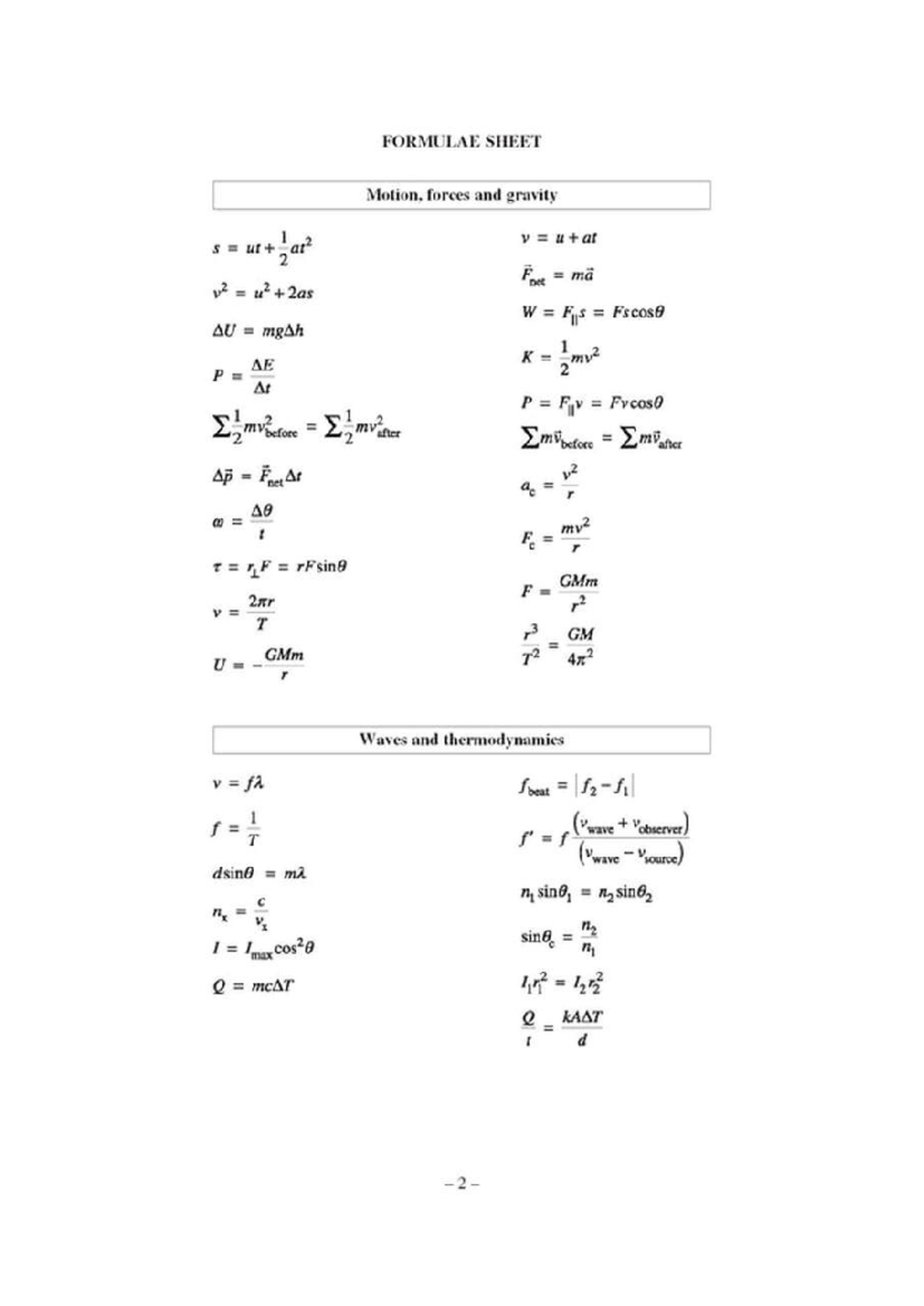 Physics - Formula sheet - PS 200 - FORMULAE SHEET Motion. forces and ...