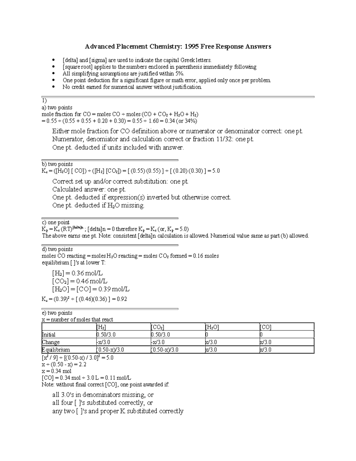 AP Chem 1995 Free Response: Detailed Solutions and Grading Criteria ...