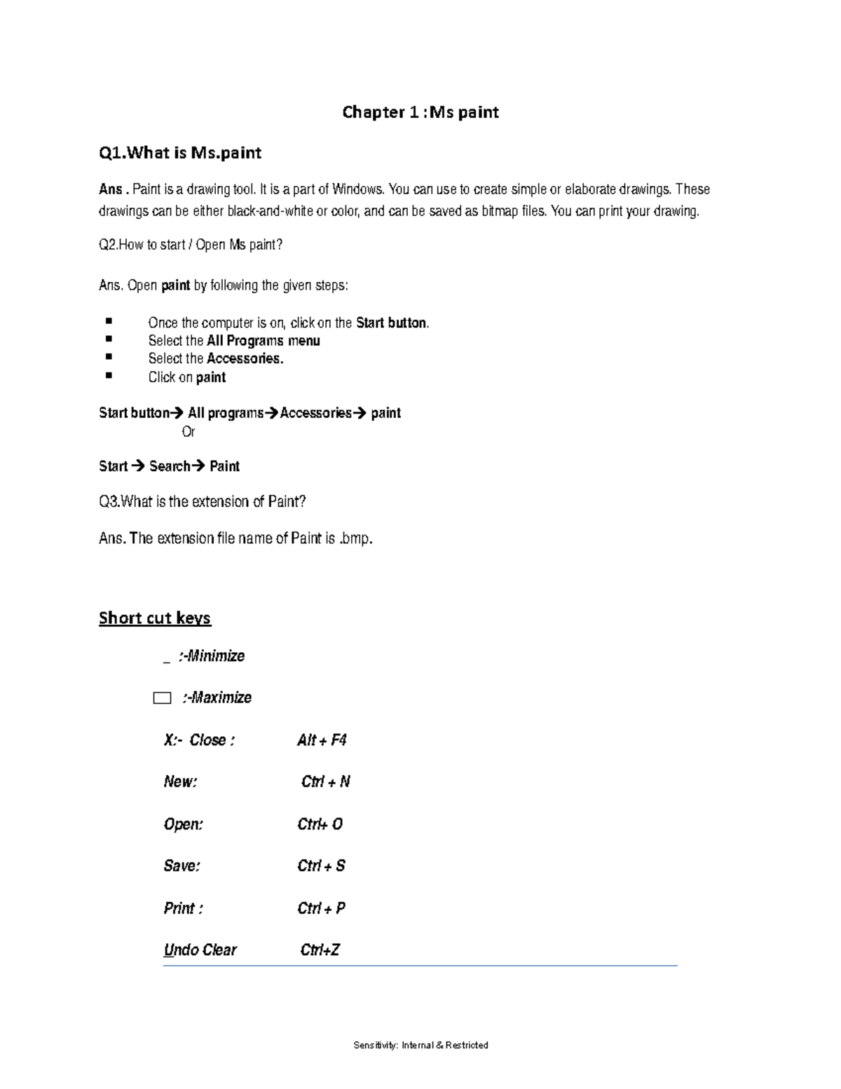 Class VI - Computer Notes - Chapter 1 :Ms paint Q1 is Ms Ans. Paint is ...