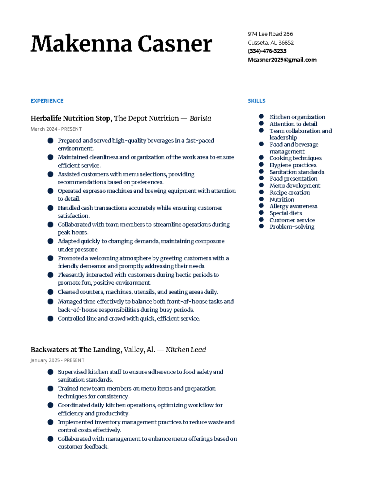 Professional Experience & Skills Summary for Makenna Casner - Studocu