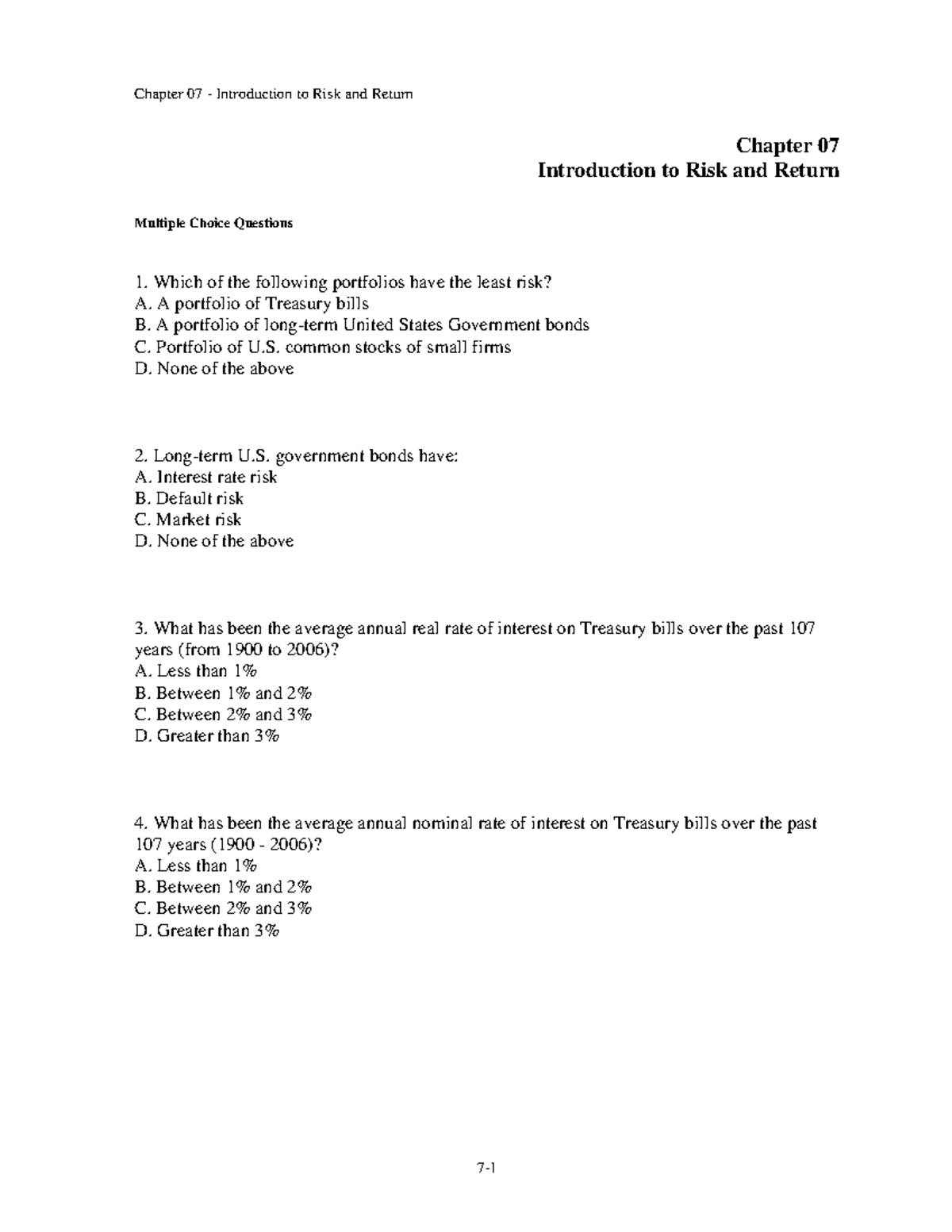 Chapter 07: Risk and Return - Multiple Choice Questions and Answers ...