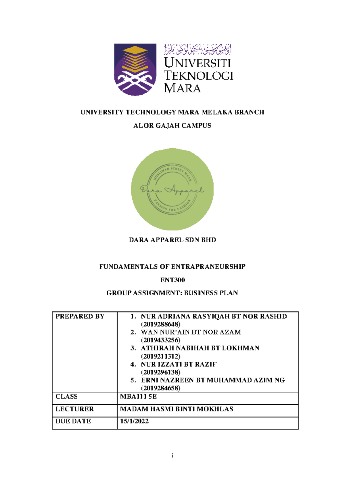 ENT300 Group Assignment: Business Plan for Dara Apparel Sdn Bhd - Studocu