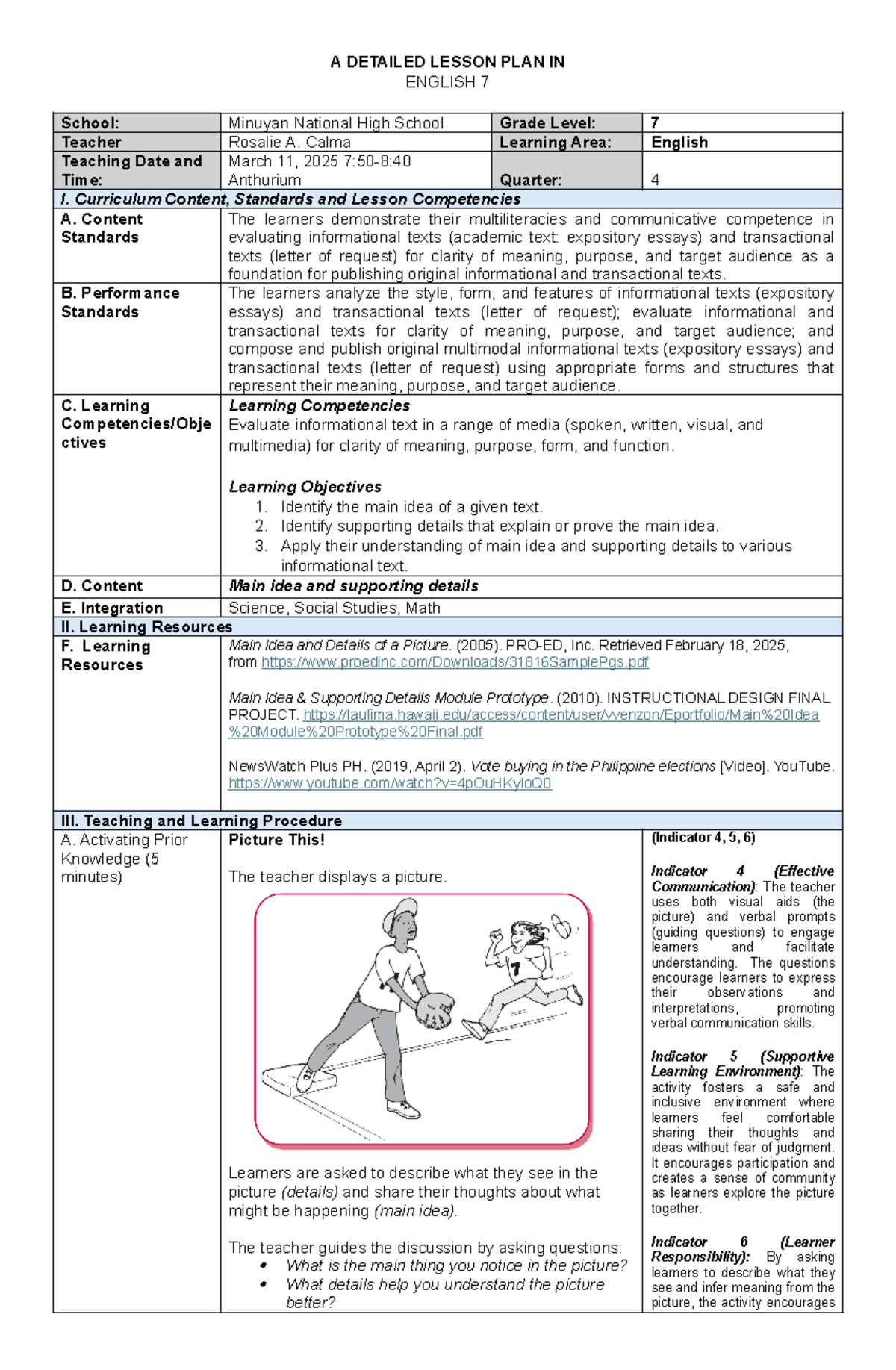 ENG7 Lesson Plan on Main Ideas and Supporting Details - Studocu