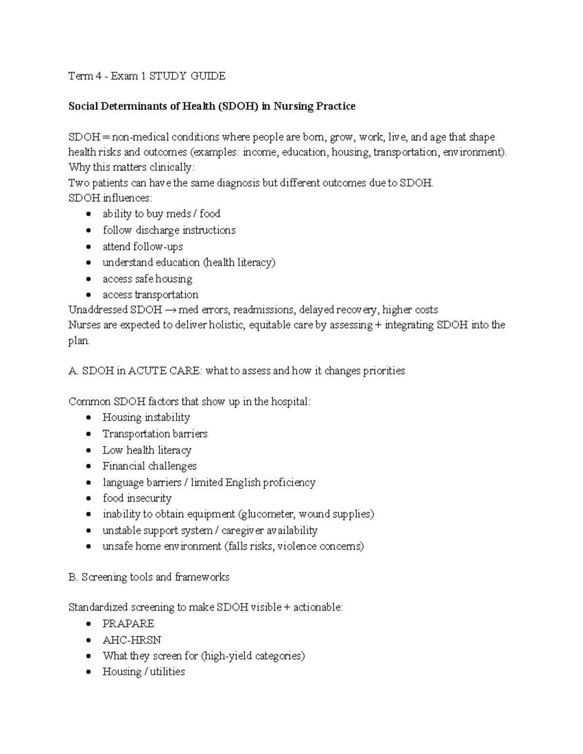 Term 4 - Exam 1 Study Guide: Social Determinants of Health in Nursing ...