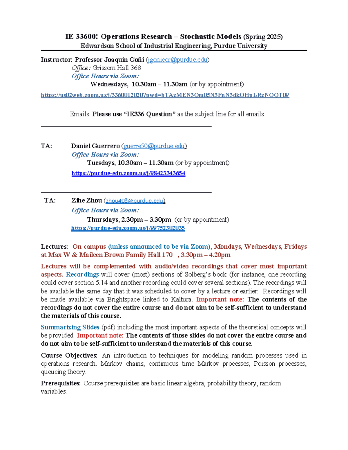 IE 33600: Operations Research Stochastic Models Syllabus (Spring 2025 ...