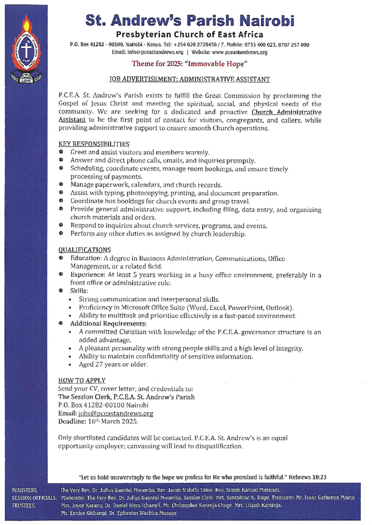 Job advertisement: Administrative assistant at P.C.E.A. St. Parish ...