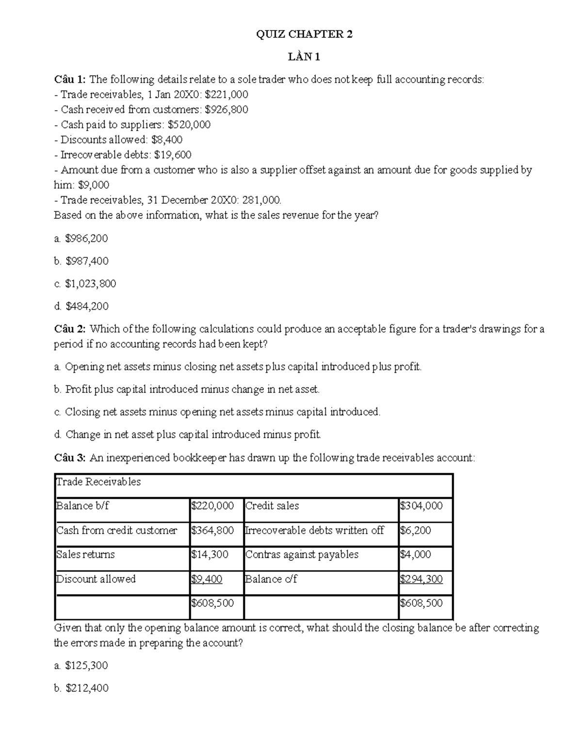 QUIZ CHAPTER 2: Accounting Concepts and Calculations - Studocu