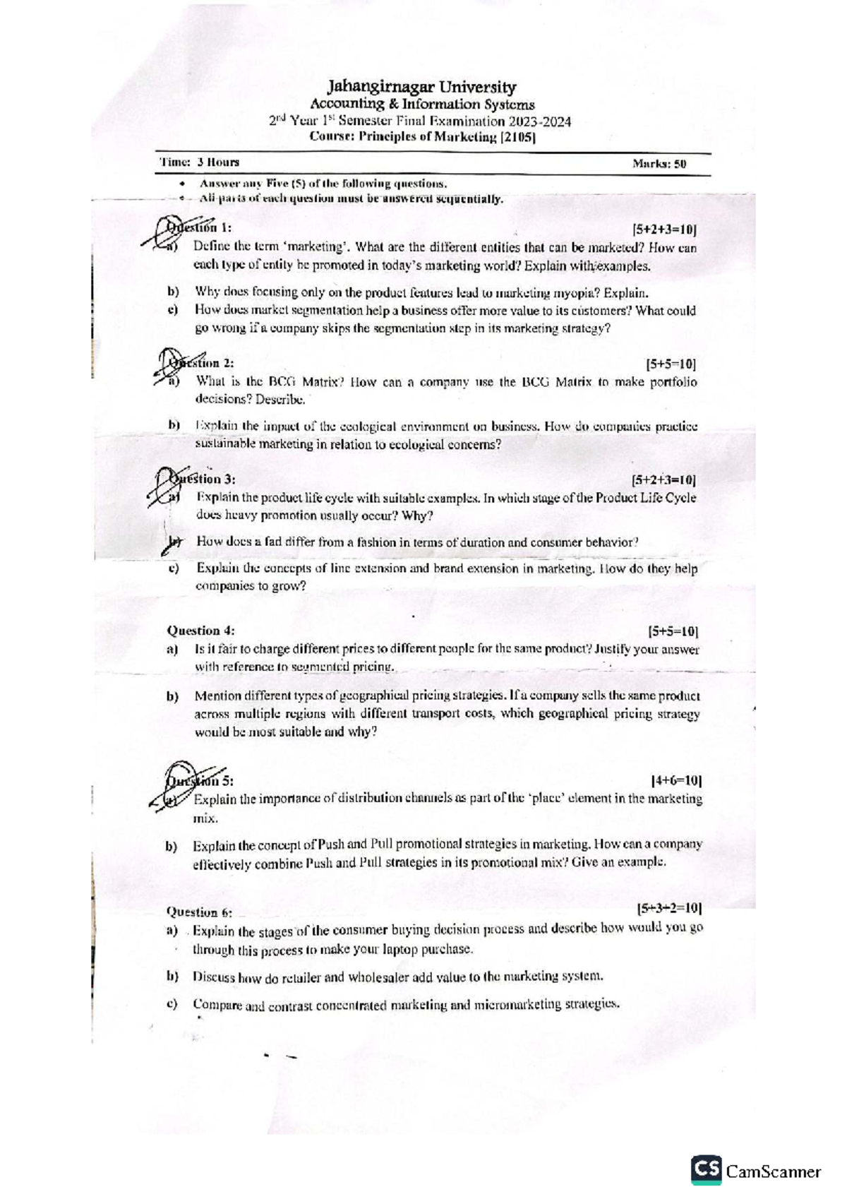 Jahangirnagar University: Principles of Marketing Final Exam Questions ...