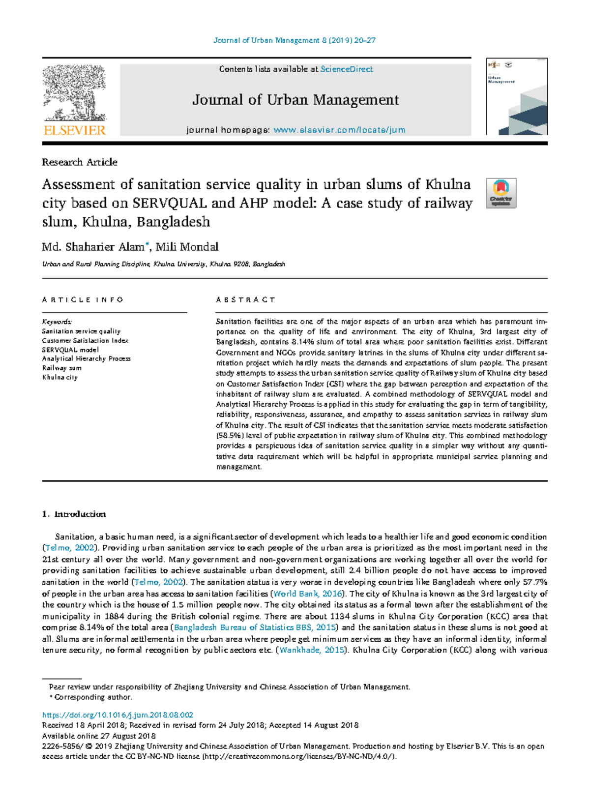 Assessment of Sanitation Quality in Khulna Urban Slums: A Case Study ...