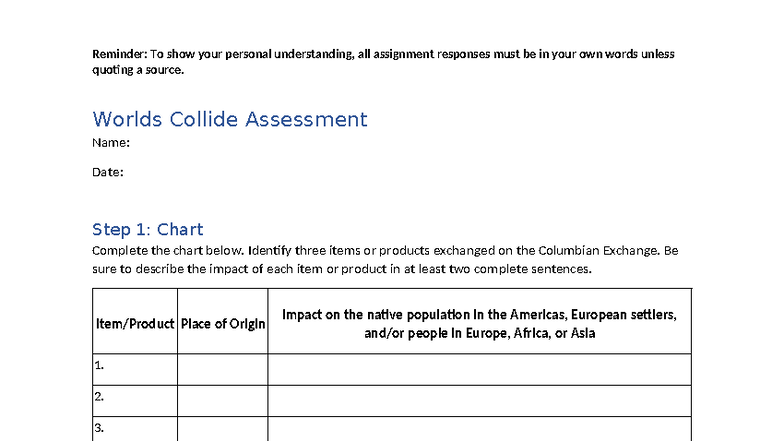 Worlds Collide Assessment: Understanding the Columbian Exchange - Studocu
