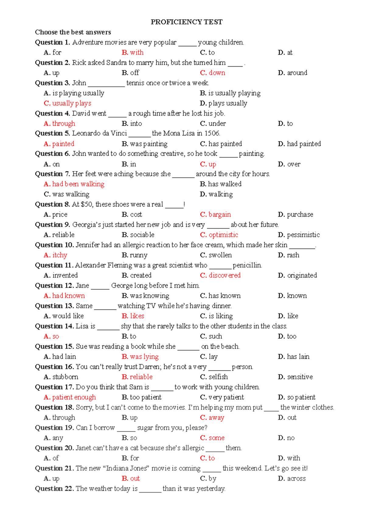 Proficiency Test Questions and Answers for Language Skills - Studocu