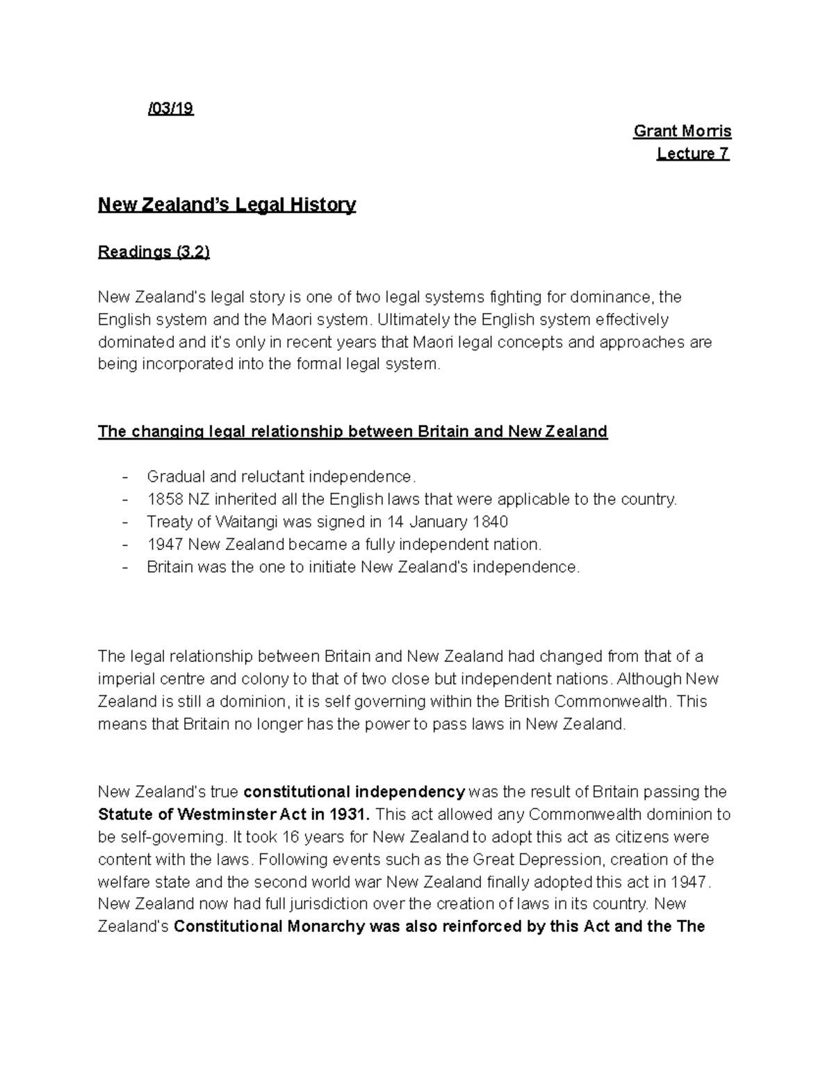 Lecture 7- LAWS121 - legal history - Grant Morris Lecture 7 New Legal ...