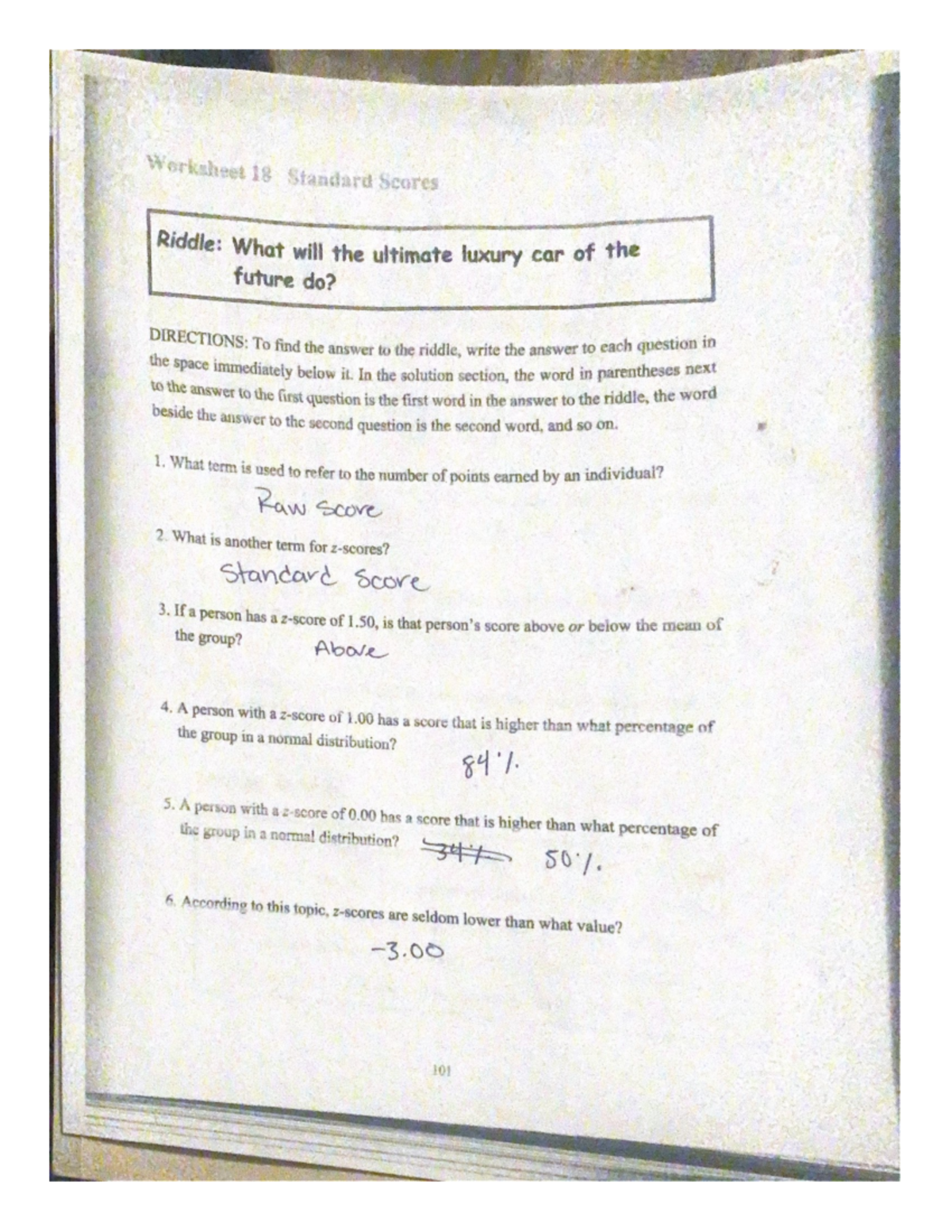 Stat week 4 - Homework - Worksheet 18 Standard Scores Riddle: What will ...