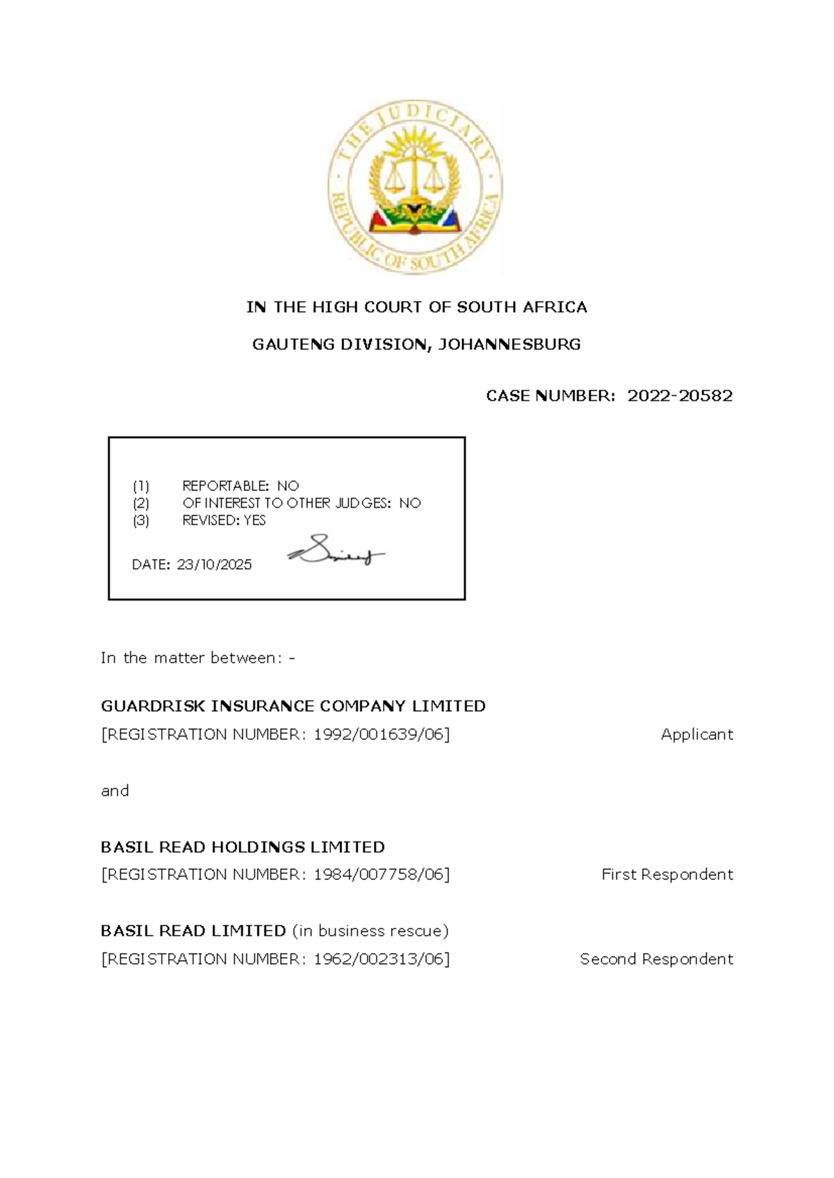 Guardrisk v Basil Read: Judgment on Indemnity & Guarantee Issues - Studocu
