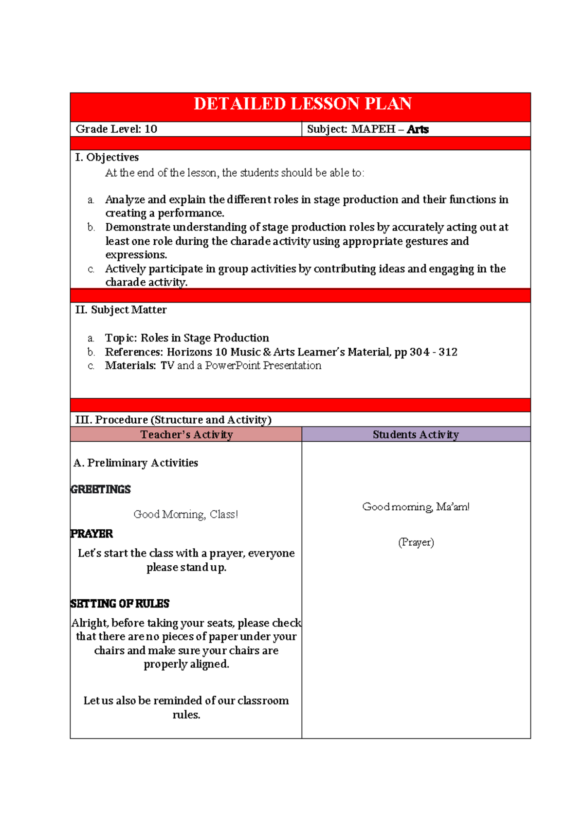 ARTS L1 - Detailed Lesson Plan on Stage Production Roles - Studocu