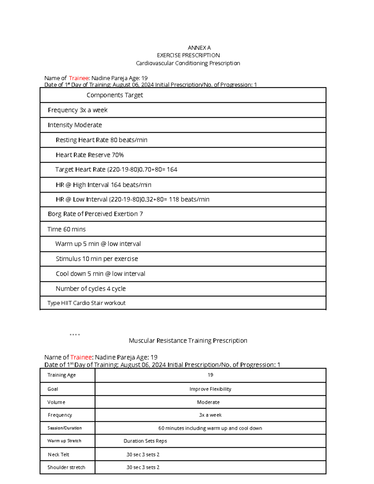 Exercise Prescription - ANNEX A EXERCISE PRESCRIPTION Cardiovascular ...