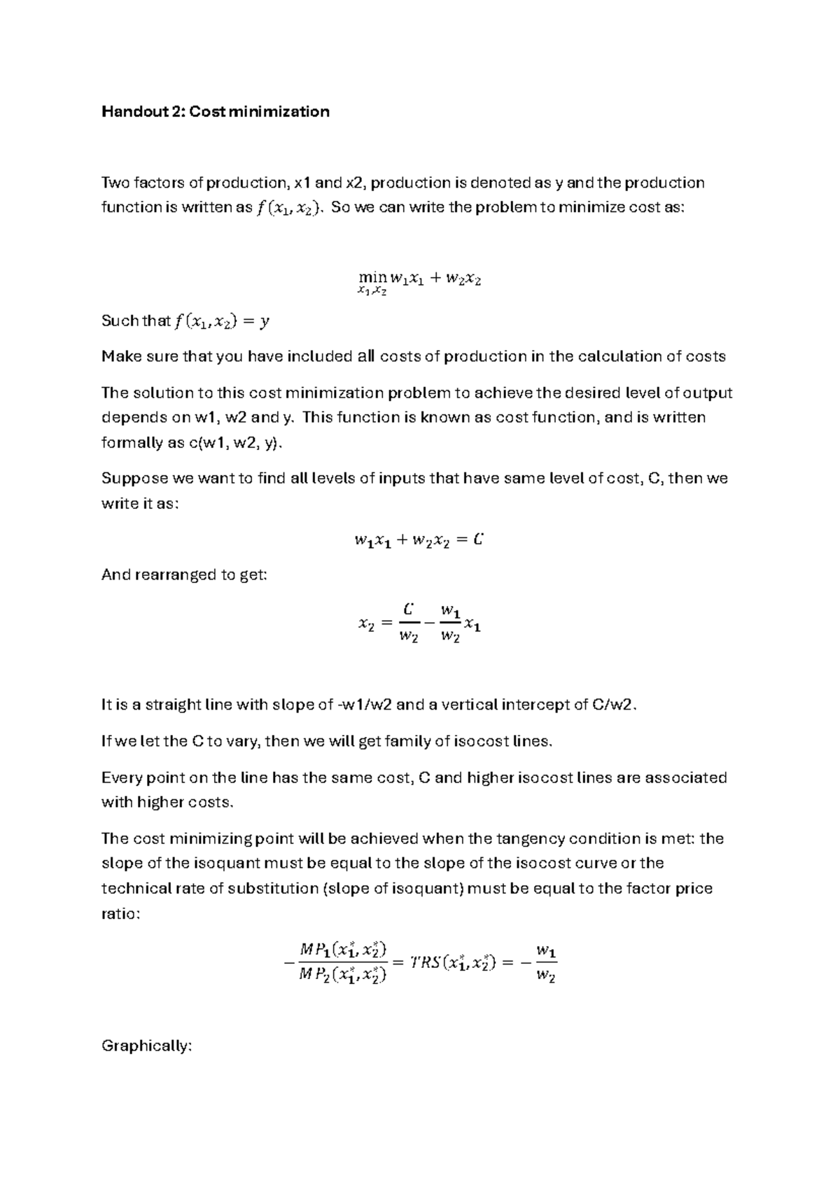 SEW 202 Handout 2: Cost Minimization in Production Functions - Studocu