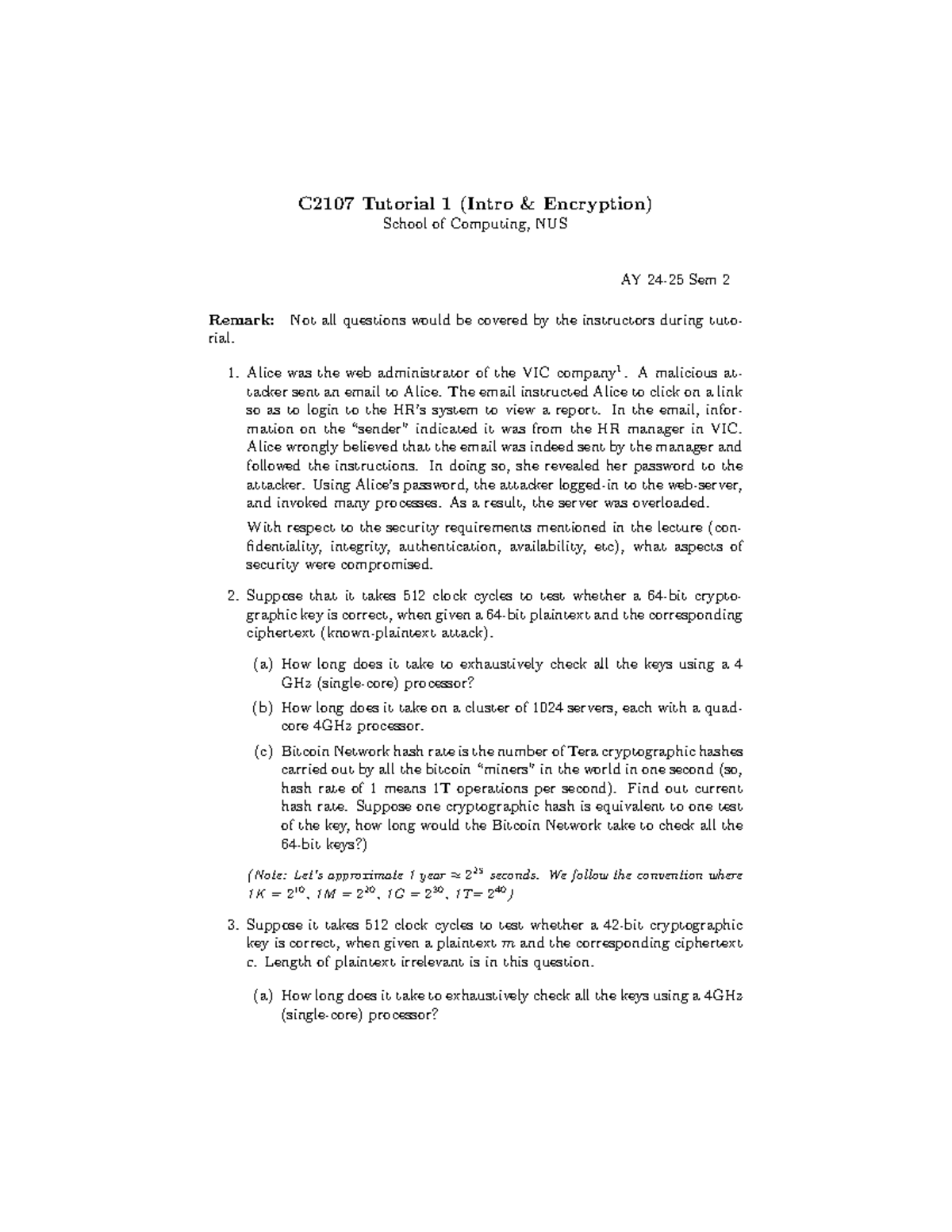 Tutorial 1 - C2107 Tutorial 1 (Intro & Encryption) School of Computing ...
