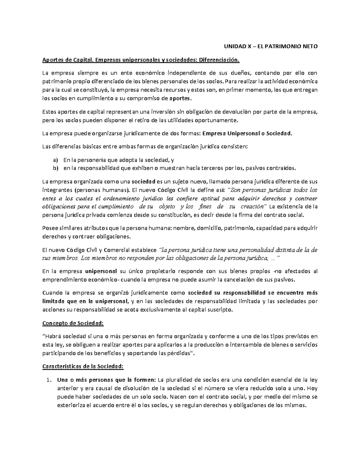 Patrimonio neto- Resumen u10 - UNIDAD X – EL PATRIMONIO NETO Aportes de ...
