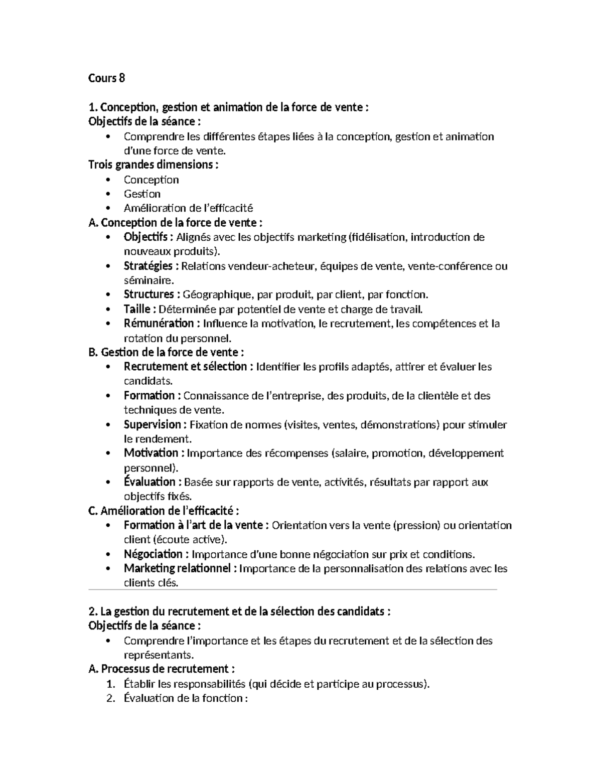 Note de Cours : Examen Final sur la Gestion de la Force de Vente - Studocu