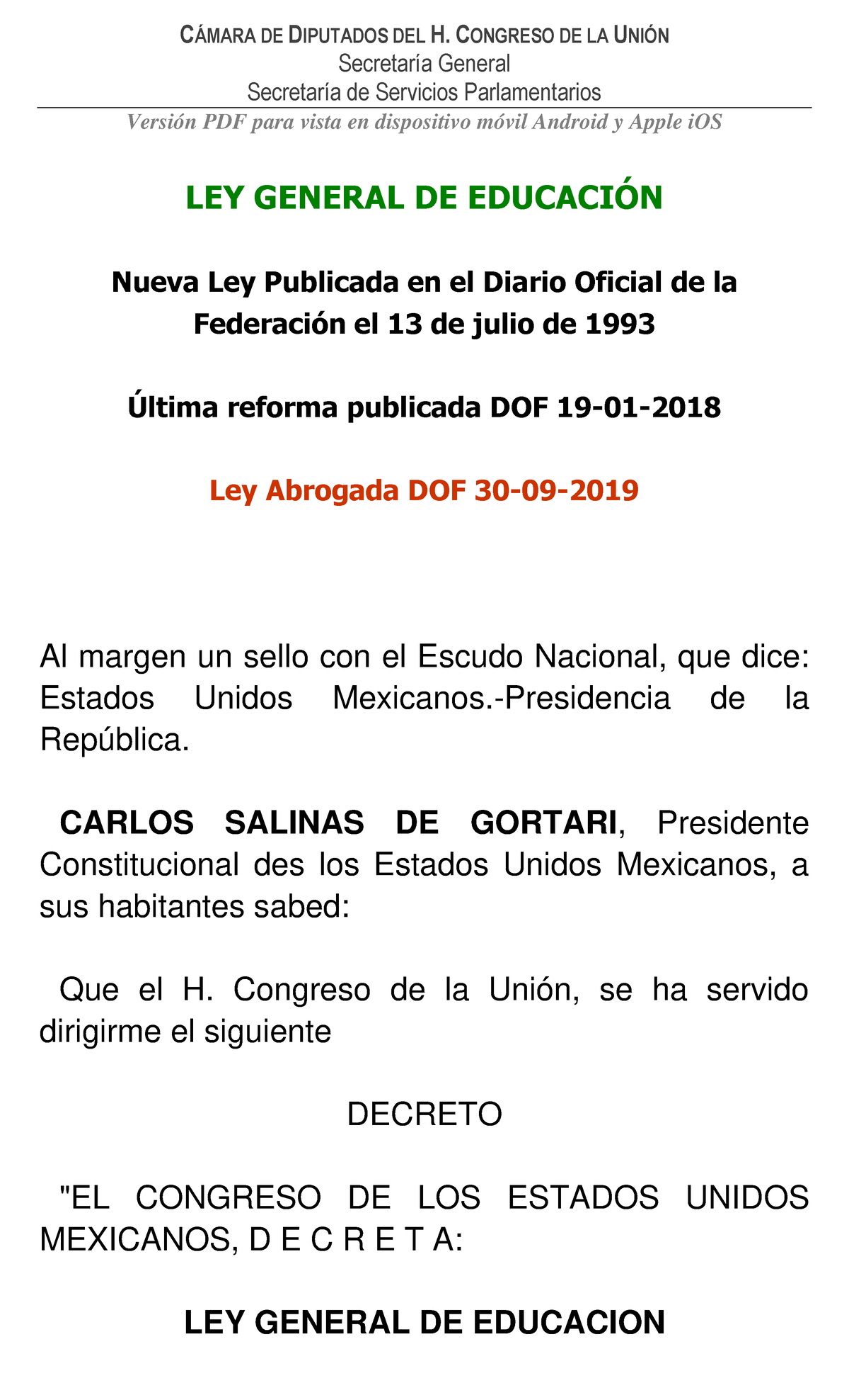 Ley General de Educación 1993 - Análisis y Reformas DOF 2018 - Studocu