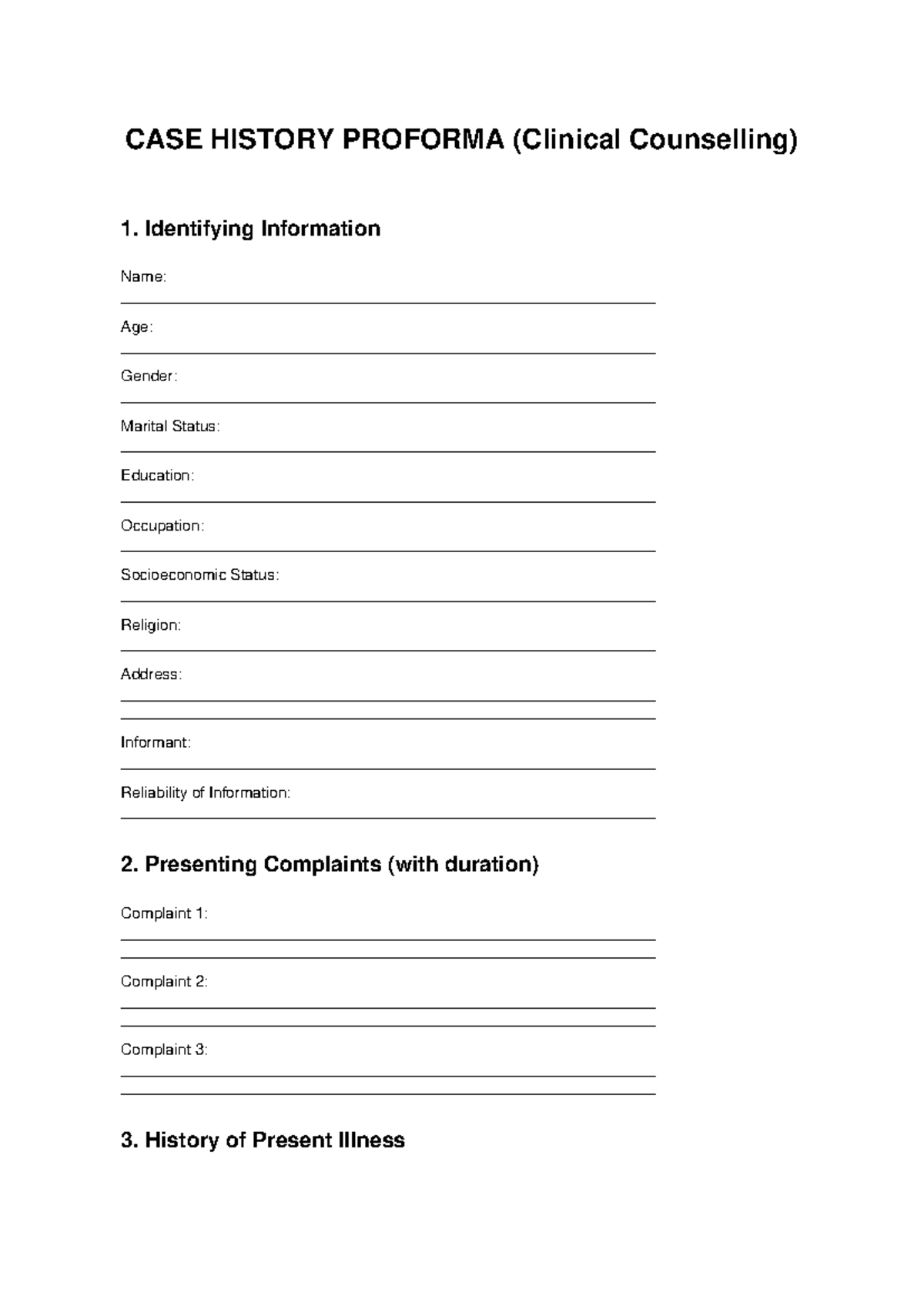 Clinical Counselling Case History Proforma: Essential Template - Studocu