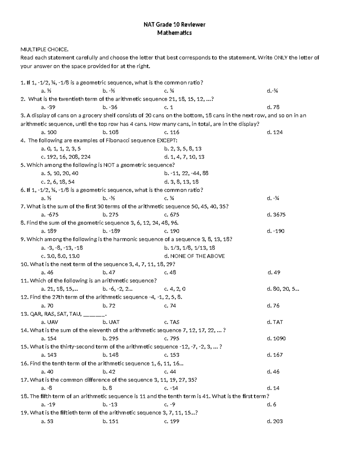 NAT Grade 10 Mathematics Reviewer: Multiple Choice Questions - Studocu