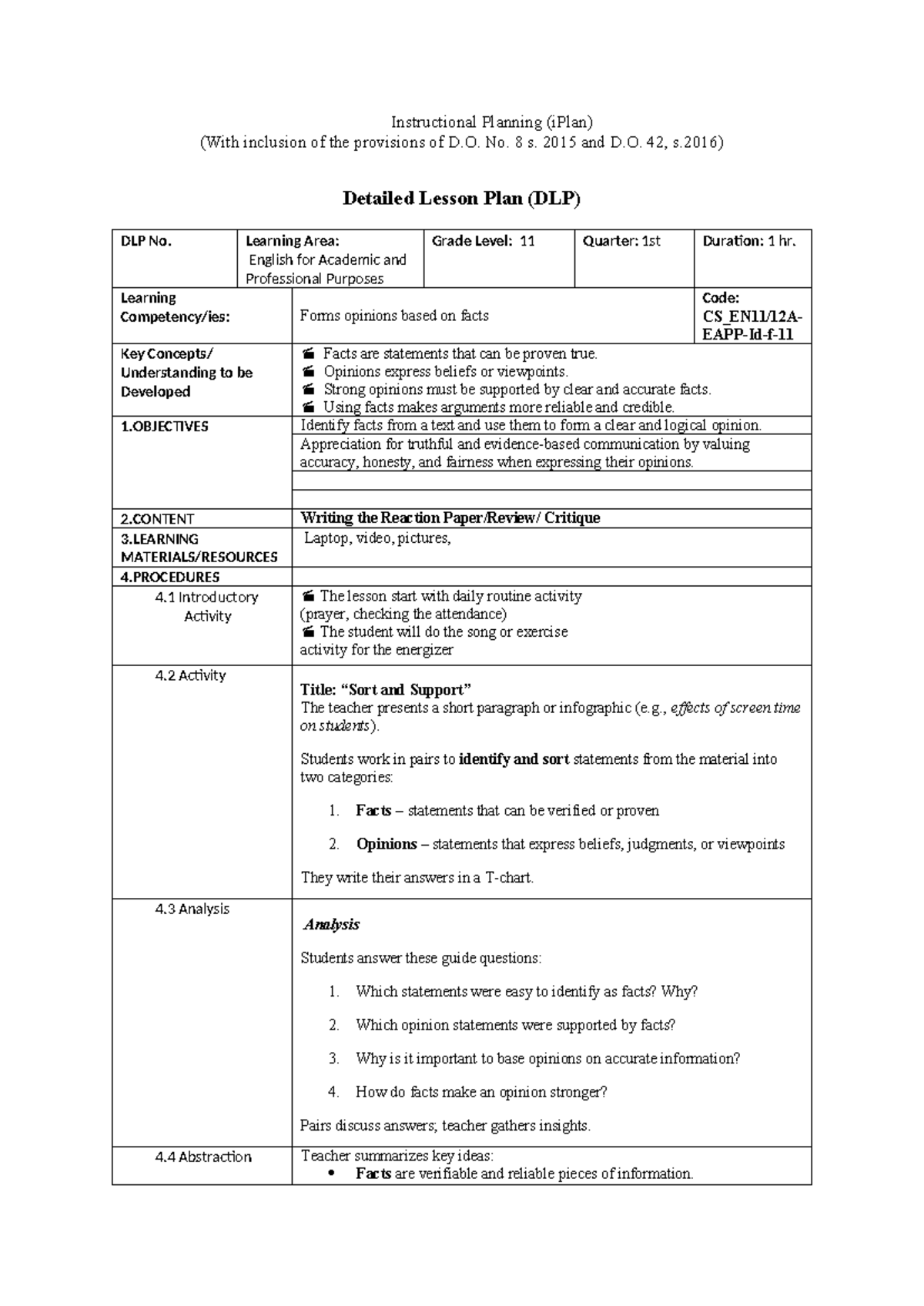 EAPP Ia c 11 - Detailed Lesson Plan on Facts and Opinions - Studocu