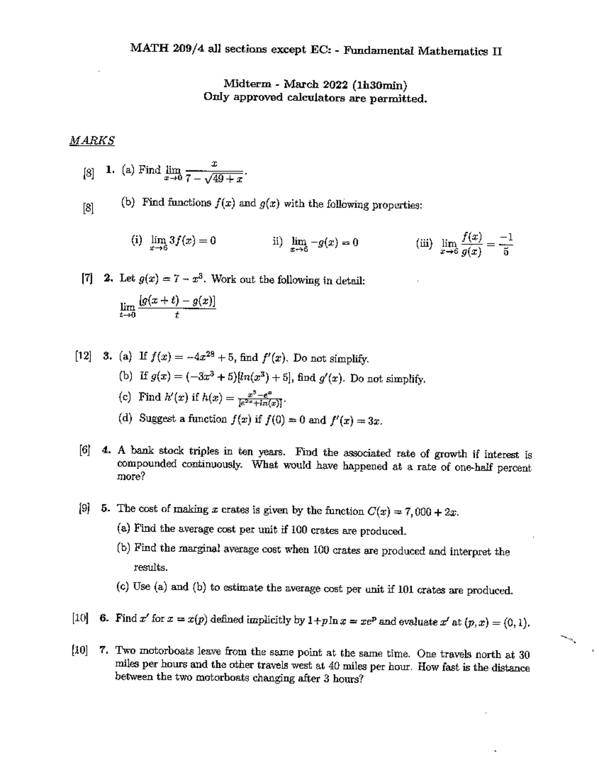 MATH 209 Midterm Exam Review: Fundamental Mathematics II March 2022 ...