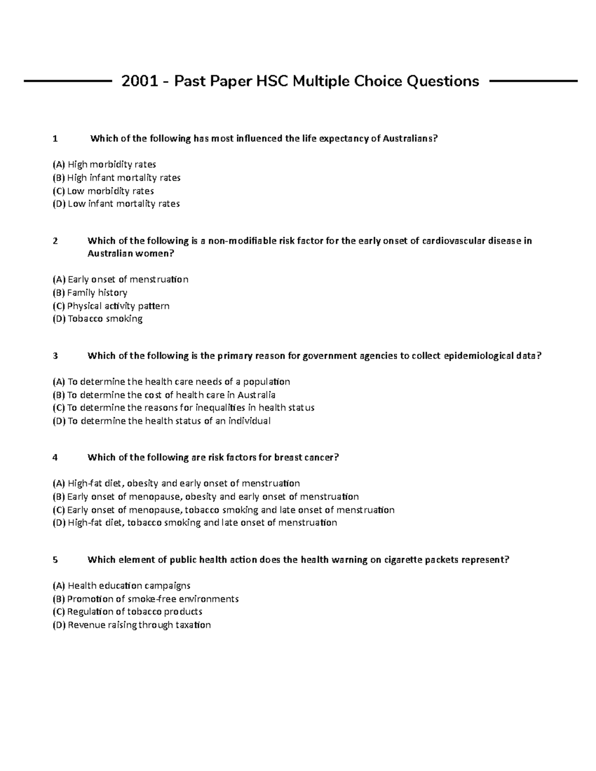 HSC 2001 Past Paper Multiple Choice Questions Review - Studocu