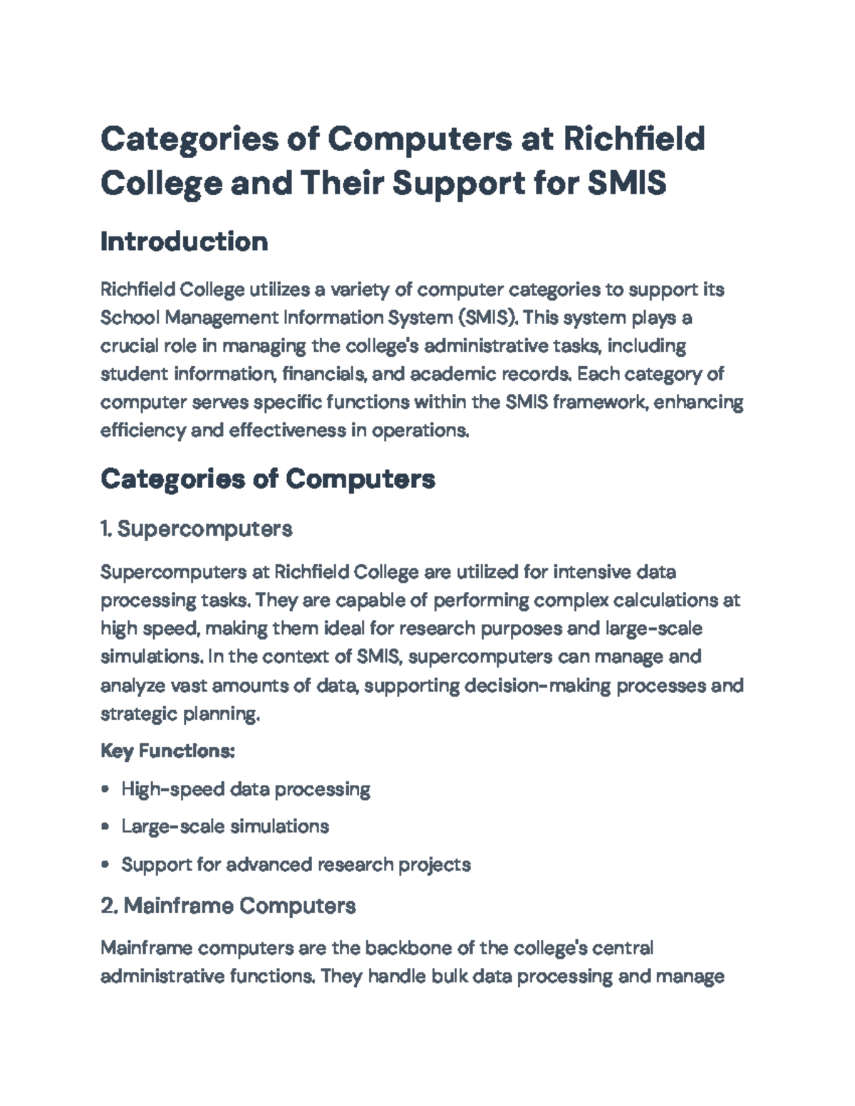 Categories of Computers Supporting SMIS at Richfield College ...