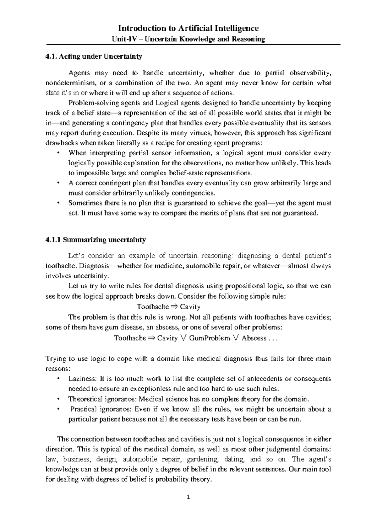 IAI-Unit-IV - Uncertain Knowledge and Reasoning Insights - Studocu