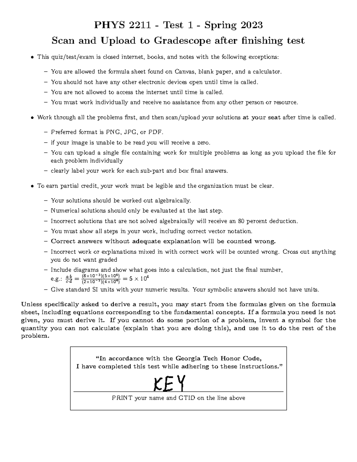 PHYS 2211 - Spring 2023 Test 1 Solutions & Guidelines KEY - Studocu