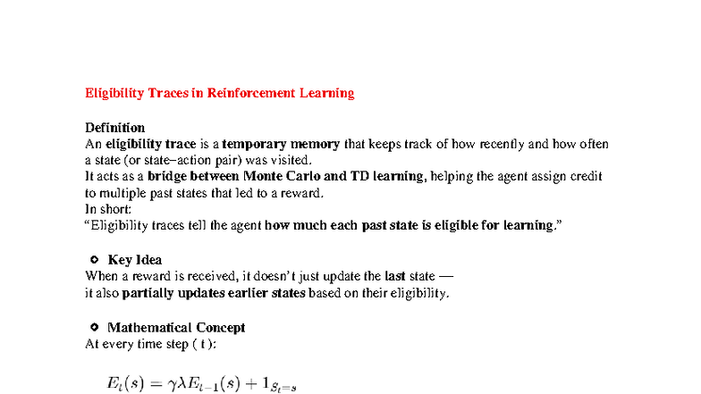 4 - REINFORCEMENT LEARNING NOTES: ELIGIBILITY TRACES & ALGORITHMS - Studocu