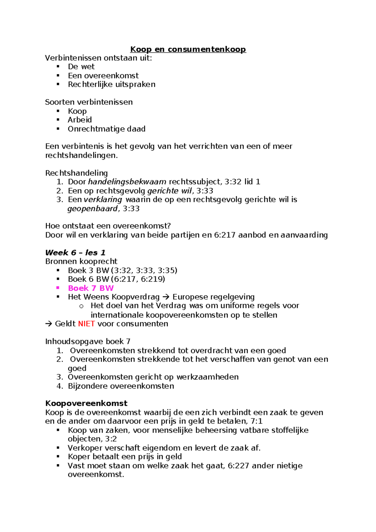 Les 1 - Aantekeningen over Koop en Consumentenkoop (BW) - Studeersnel