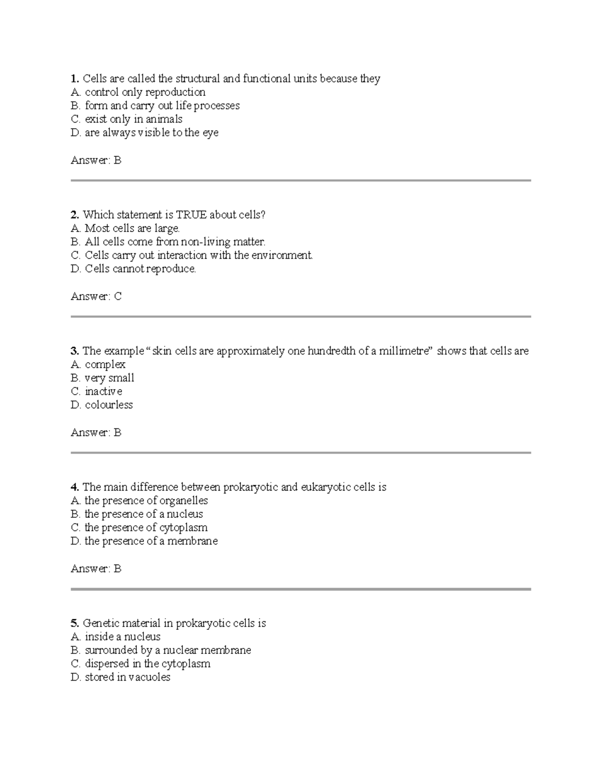 Science Quiz - Revision on Cell Structure and Function - Studocu