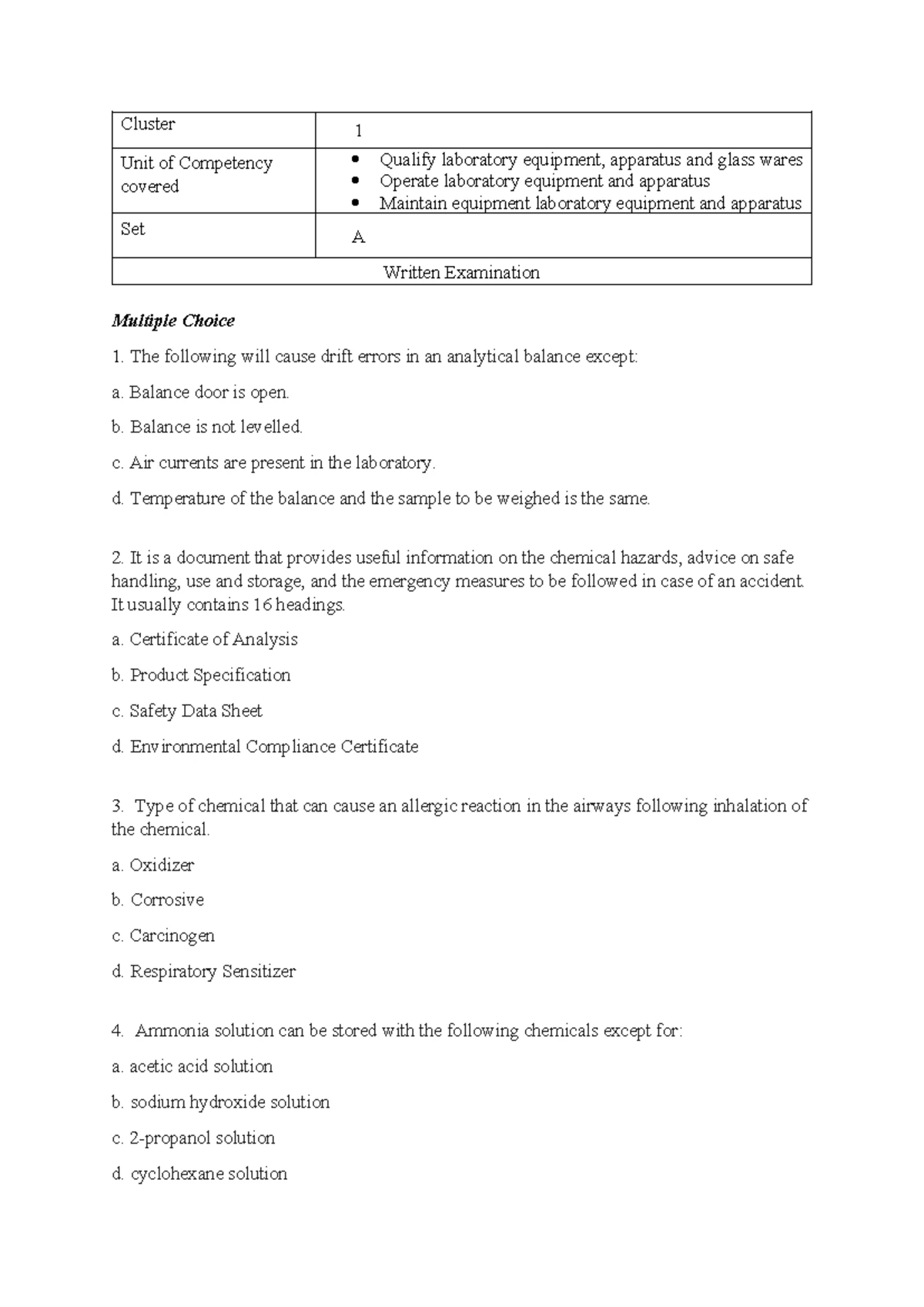 Answer Key for Cluster 1 Unit of Competency Set B - Studocu
