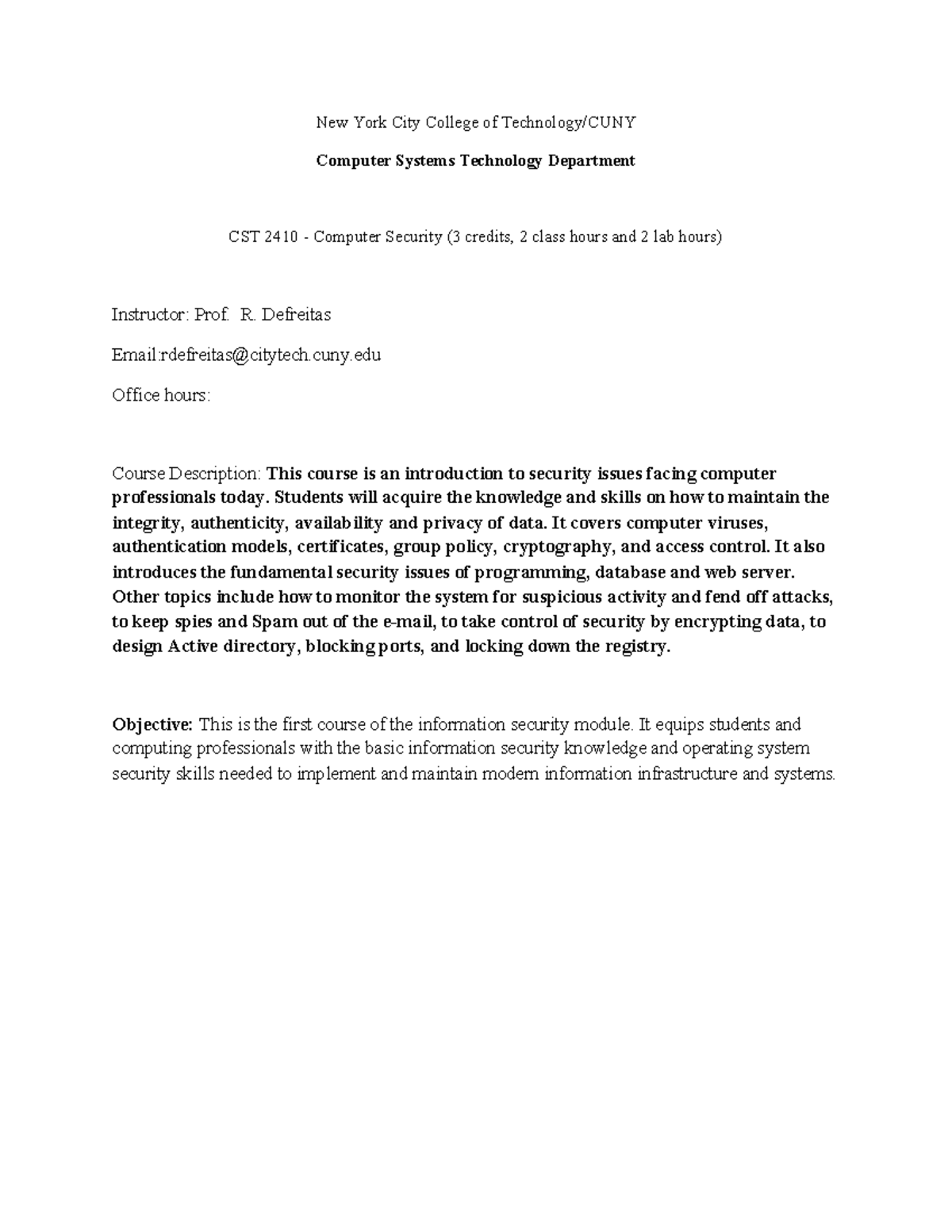 CST2410 Syllabus: Computer Security Course Overview Spring 2024 - Studocu