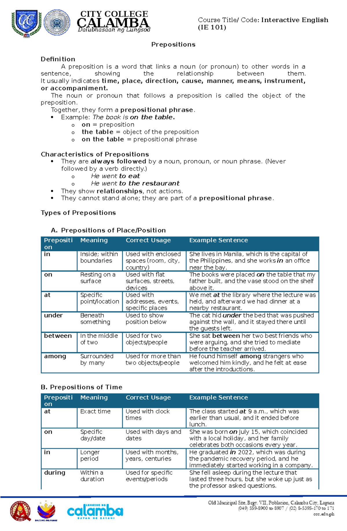 Prepositions Lecture Notes - Interactive English (IE 101) - Studocu