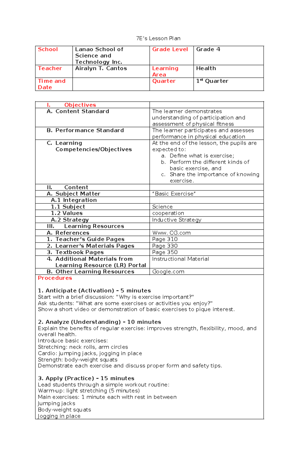 4A's Lesson Plan for Grade 4 Health - Lanao School of Science & Tech ...