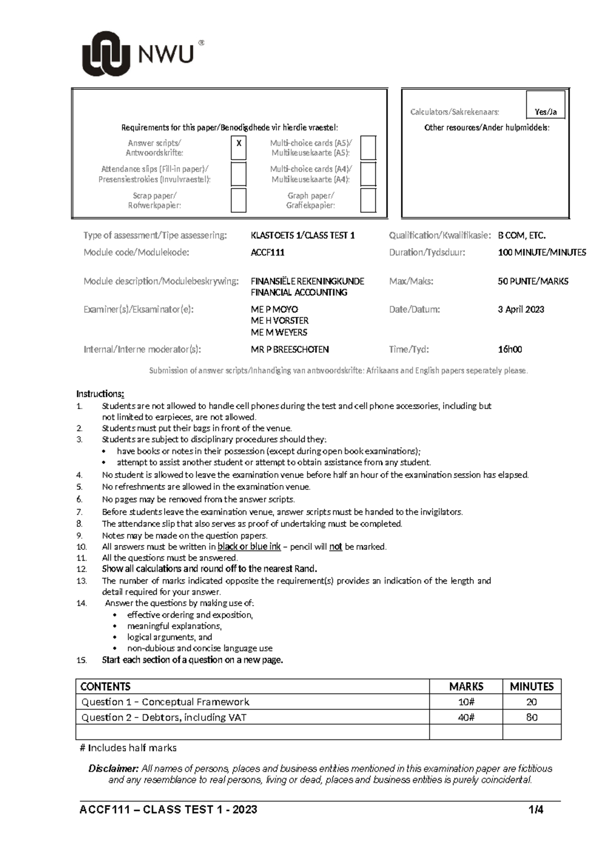 Class Test 1 - ACCF 111: Financial Accounting Requirements ...