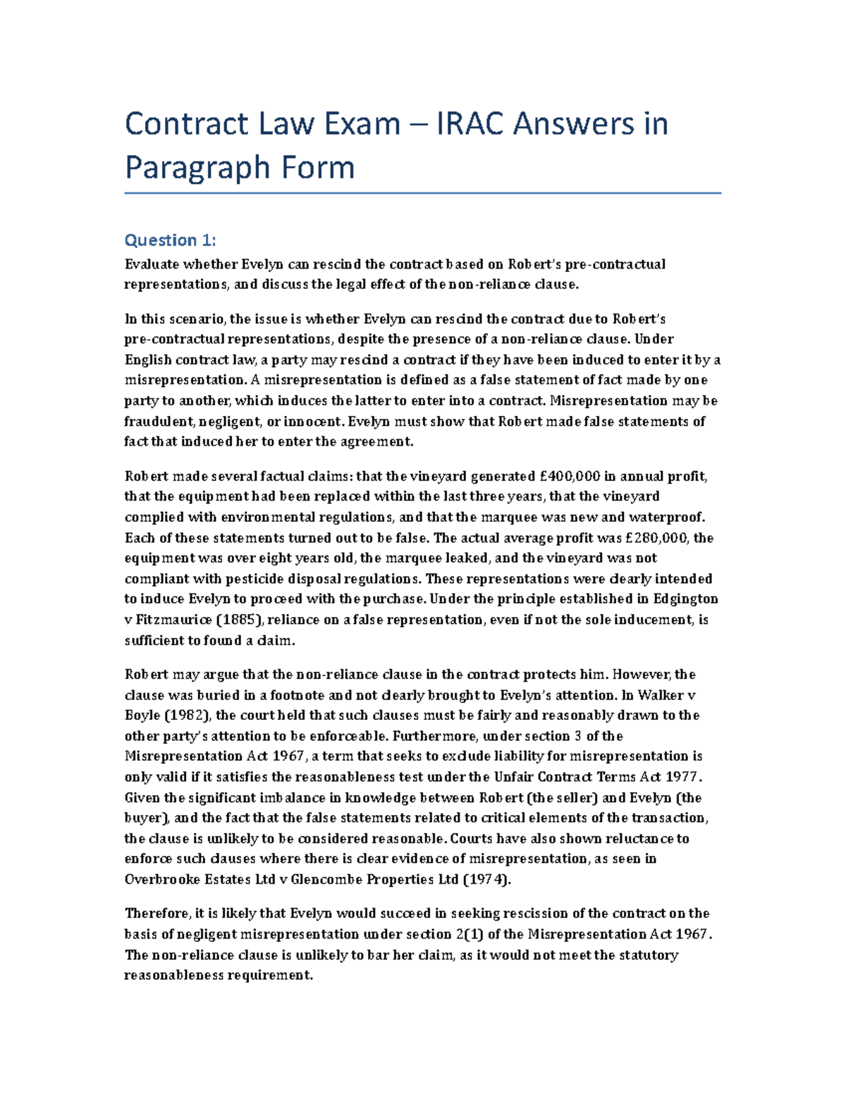 Contract Law IRAC Exam Answers: Misrepresentation & Remedies - Studocu