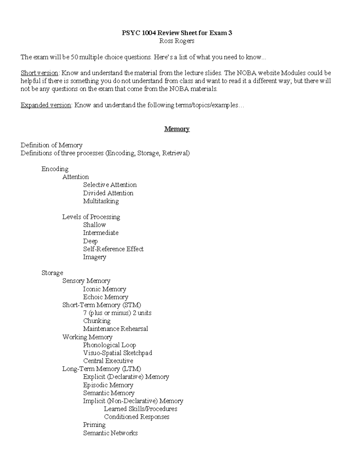 PSYC 1004 Exam 3 Review Sheet: Key Terms & Concepts Overview - Studocu