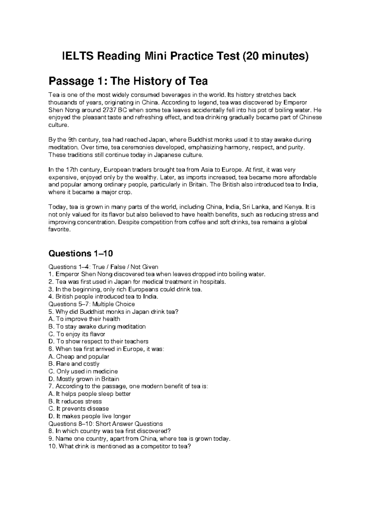IELTS Reading Practice Test with Answers: The History of Tea & Eiffel ...