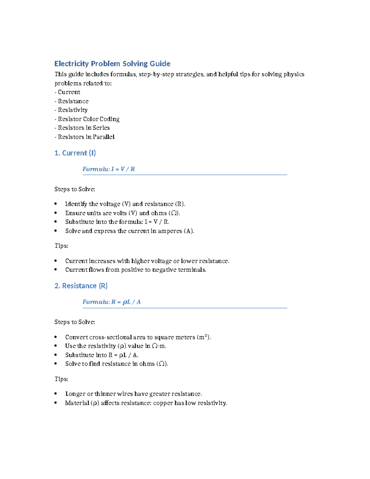 Electricity Problem Solving Guide: Formulas & Tips for PHYS 101 - Studocu