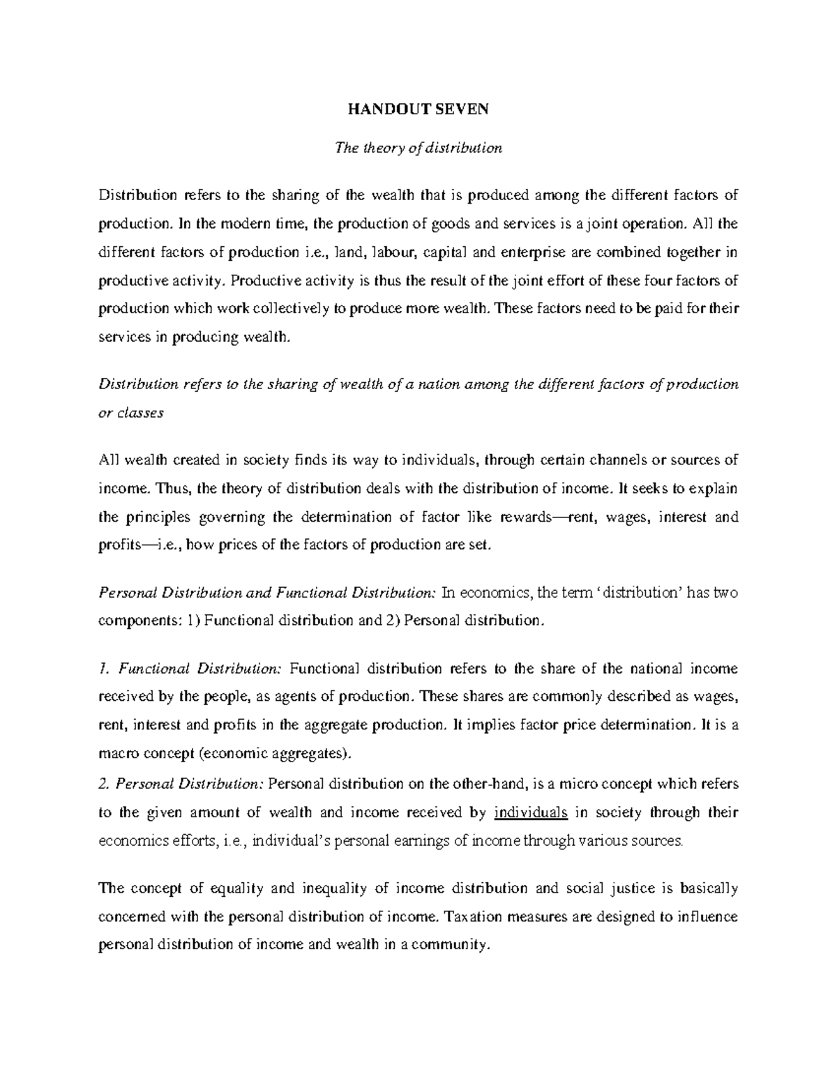 ECO110 Handout Seven Theory OF Distribution - HANDOUT SEVEN The theory ...