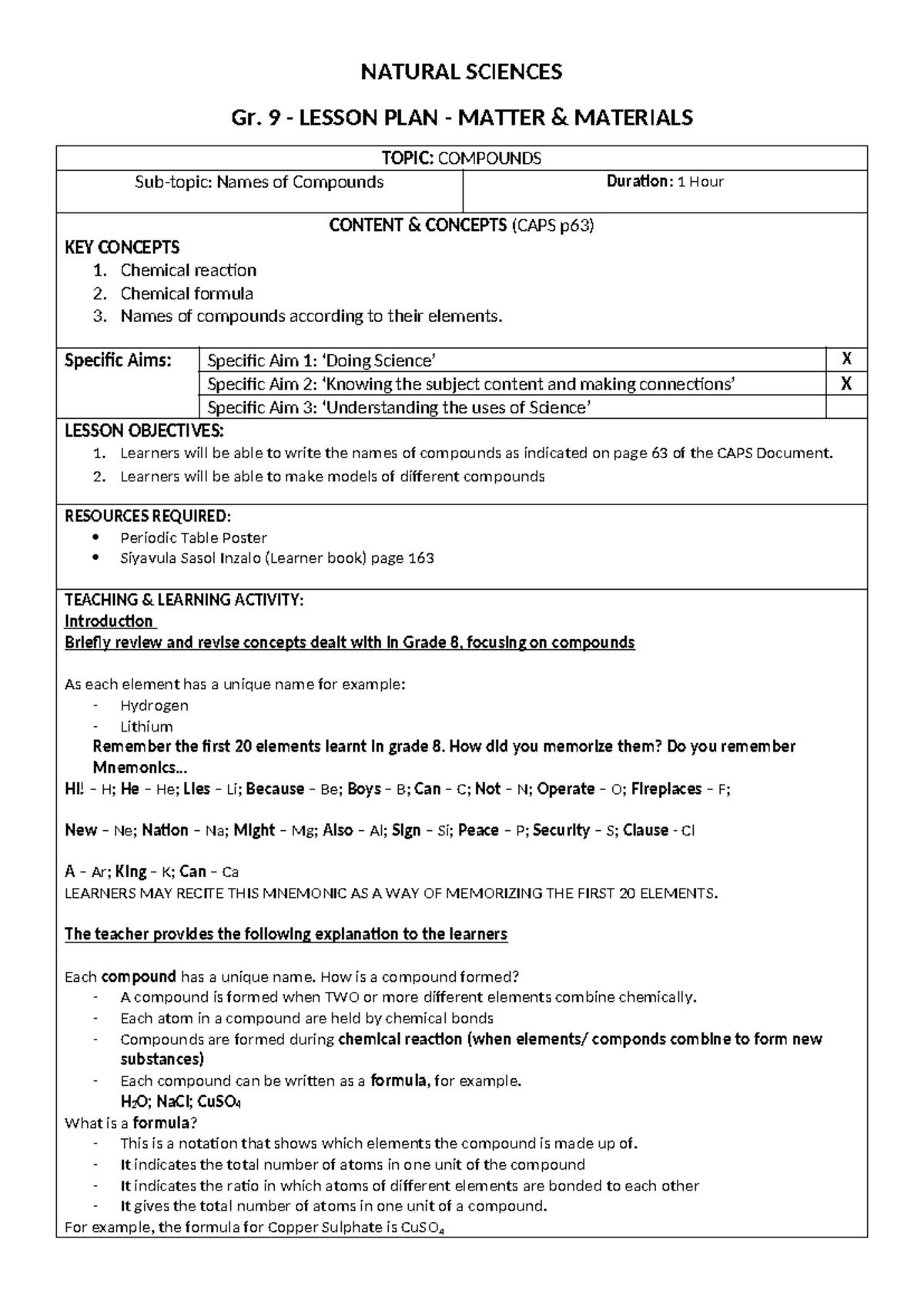 NS Gr. 9 Lesson Plan: Chemical Reactions Activities & Concepts - Studocu
