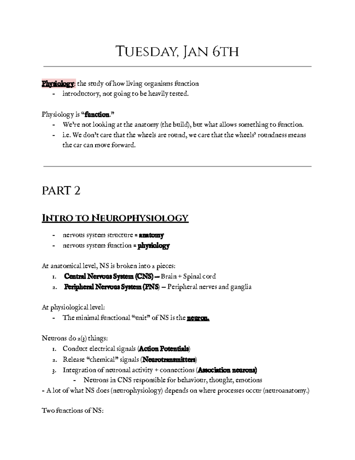 NS 101: Jan Study Notes on Nervous System Function and Anatomy - Studocu