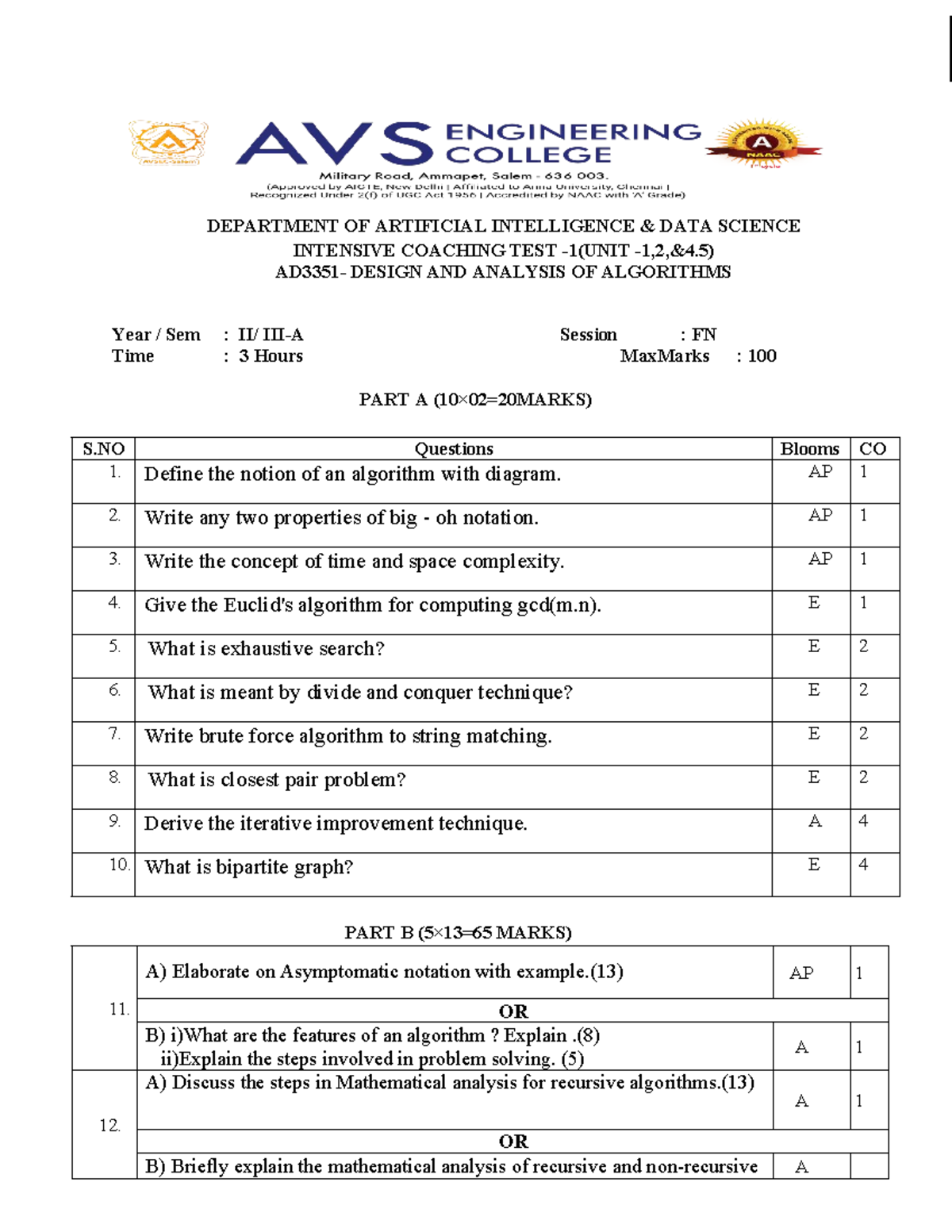 DAA A-1: Test Design & Analysis of Algorithms - Coaching Session - Studocu
