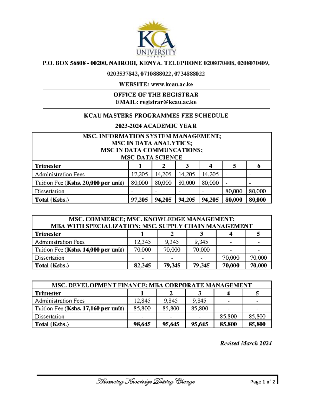 KCAU Masters Programmes Fee Structure 2023-2024 - Studocu